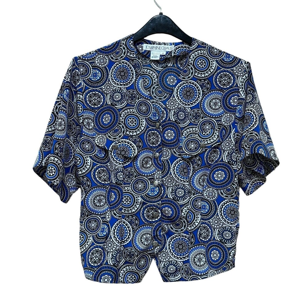 Vtg Blue White Geometric Print Blouse